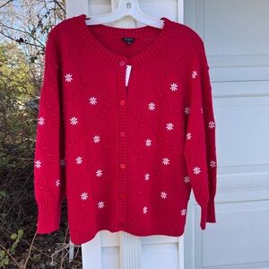NWT Talbots Gorgeous Red Argyle Weave White Embroidered Flowers Cardigan